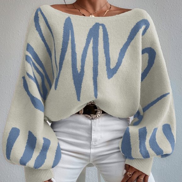 Women's Casual Beige with blue Graphic stripes Lantern Sleeve Sweater - Picture 7 of 7
